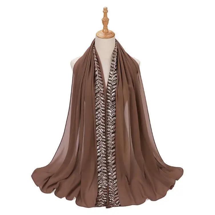 High Quality Pearls Chiffon Scarf Muslim Women Sequins Hijab Headwrap Arab Plain Turban Shawls Hair Accessories 175*70cm