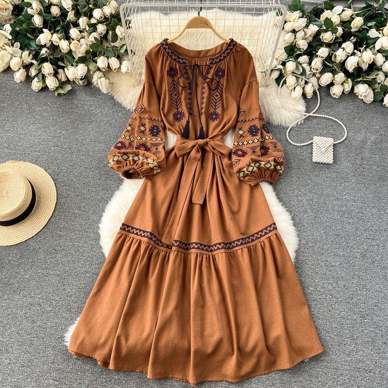 

Bohemia Travel Embroider Loose Big Hem Dress Caramel color One size