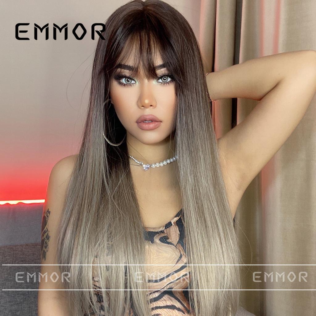 European and American Style Women Long Straight Wig with Blunt Bangs Front Lace Heat Resistant Synthetic Fiber Ombre Gray Wigs