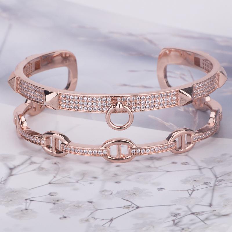 Brățară nouă la modă, rafinată, din aur roz cu diamante, curea cu cataramă eliptică, inel 2 în 1, bijuterii pentru mână
