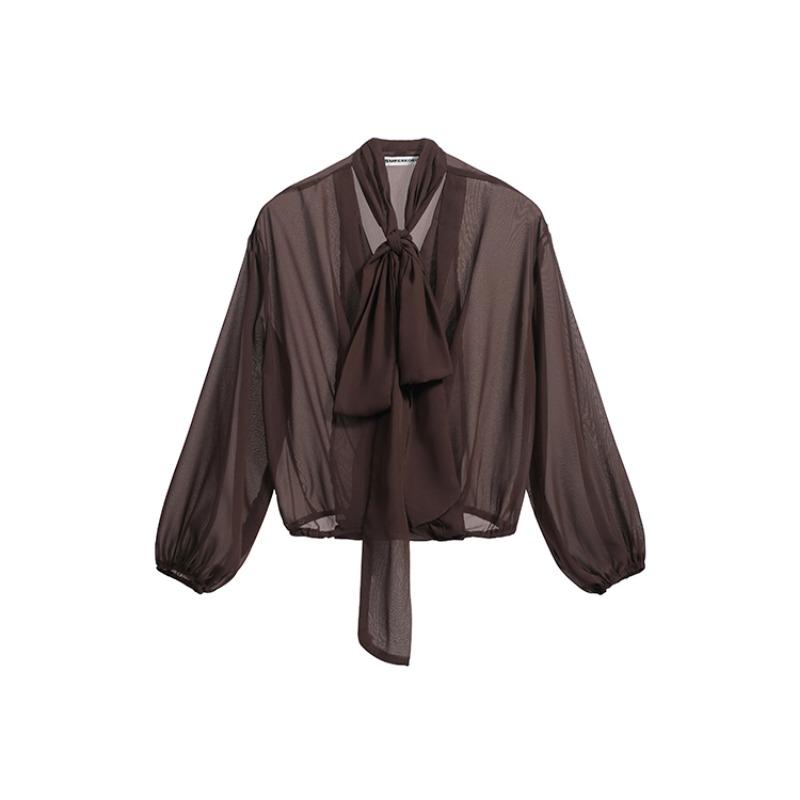 

Весенние новые элегантные повседневные рубашки с бантом, женские летние топы с рукавами-фонариками, темпераментные женские блузки с V-образным вырезом, модные тонкие женские шифоновые рубашки 26420 S