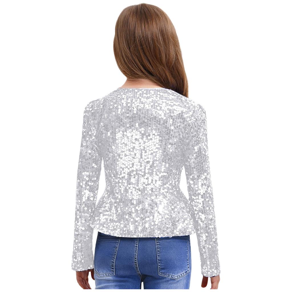 Mädchen Pailletten Strickjacke Oberteil Langarm Doppelreißverschluss Schößchen Design Cropped Jacke Geburtstagsparty Oberbekleidung