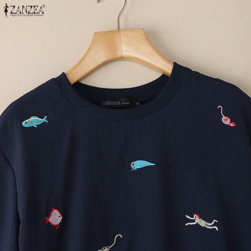 ZANZEA Women Casual Round Neck Summer Print Loose Short Sleeve Blouse