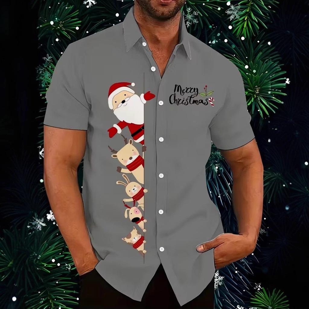 Autumn and Winter Men's Short Sleeved Shirt New Year's Christmas Pattern Digital Printed Shirt Top Men's Casual Shirt