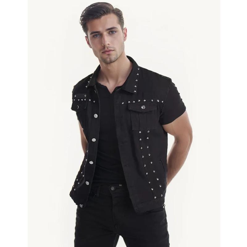 Spring Autumn Mens Vest Vintage Denim Jeans Vest Male Black Sleeveless Jackets Men Rivet Hole Jeans Waistcoats 6XL Plus Size