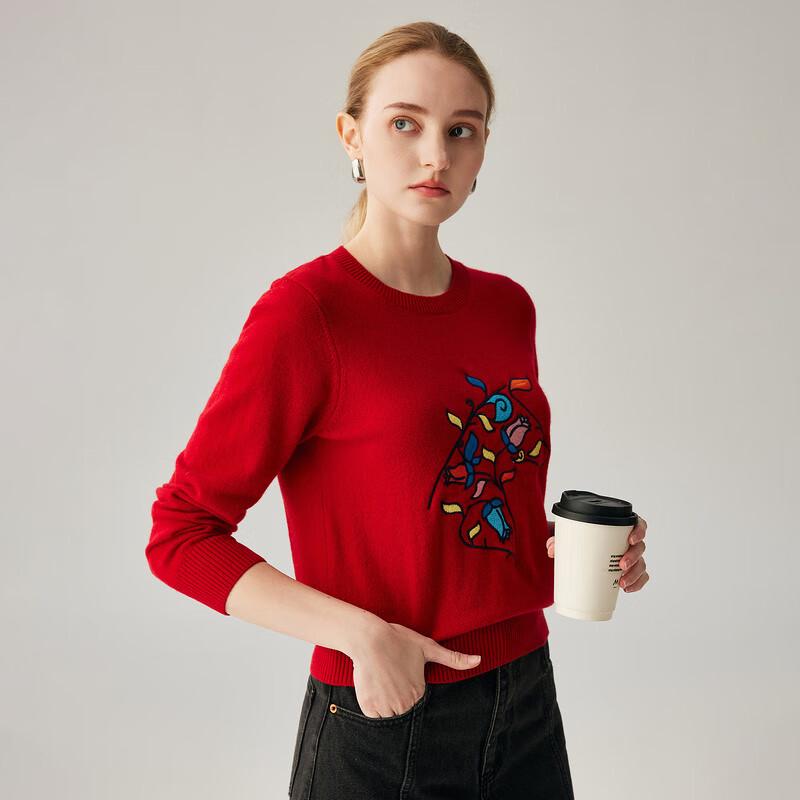 Women's Round Neck Cashmere Floral Knit Sweater