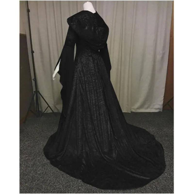 Women Deluxe Witch Dress Medieval Renaissance Maxi Train Dress Halloween Devil Pagan Witch Wedding Cos Costume Hooded Gown Robe