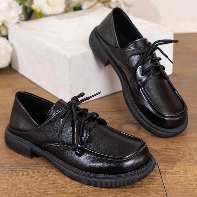 Fashion Faux Pu Leather Loafers Shoes Women 2025 Non Slip Black Lace Up Loafers Round Toe Platform Casual Shoes Female