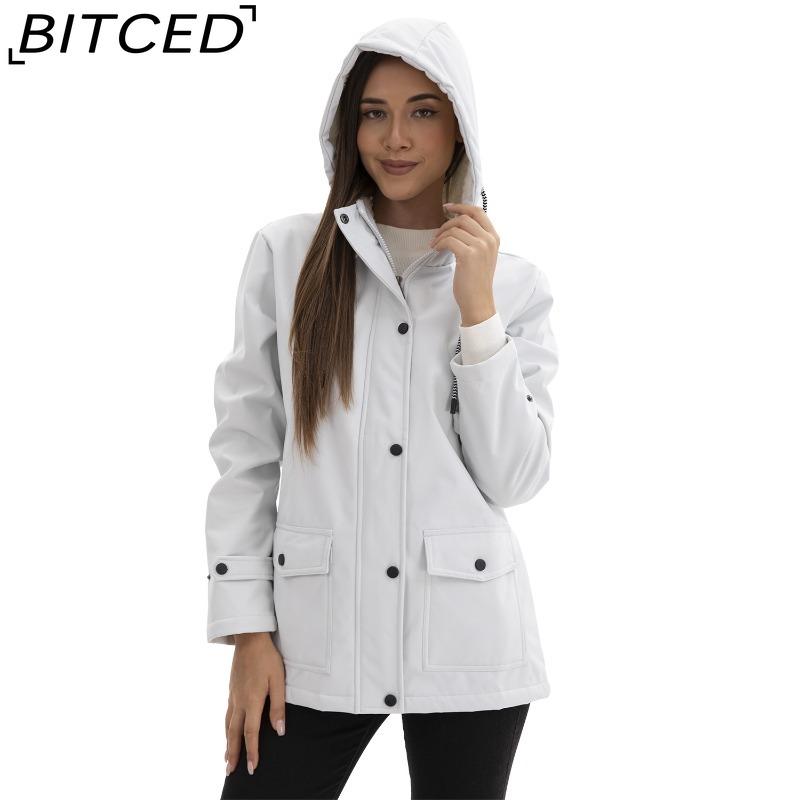 BITCED Women's Spring/Autumn Hooded Trench Coat with Fleece Lining and Water-Repellent Finish Long-Sleeved Zip-Up Cardigan