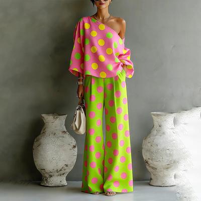Women's Summer Casual Two Piece Set Polka Dot Off Shoulder Loose Fit Top Wide Leg Pants Lightweight and Breathable Fabric Suitable for Daily Wear