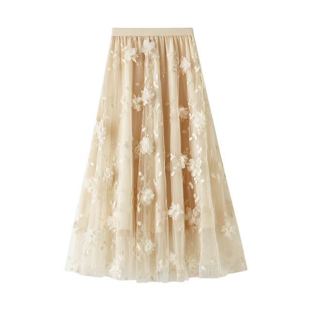 Jupes de luxe pour femmes, style coréen, mode, taille élastique, appliques, broderie, jupe en maille florale, longue jupe de bal en gaze