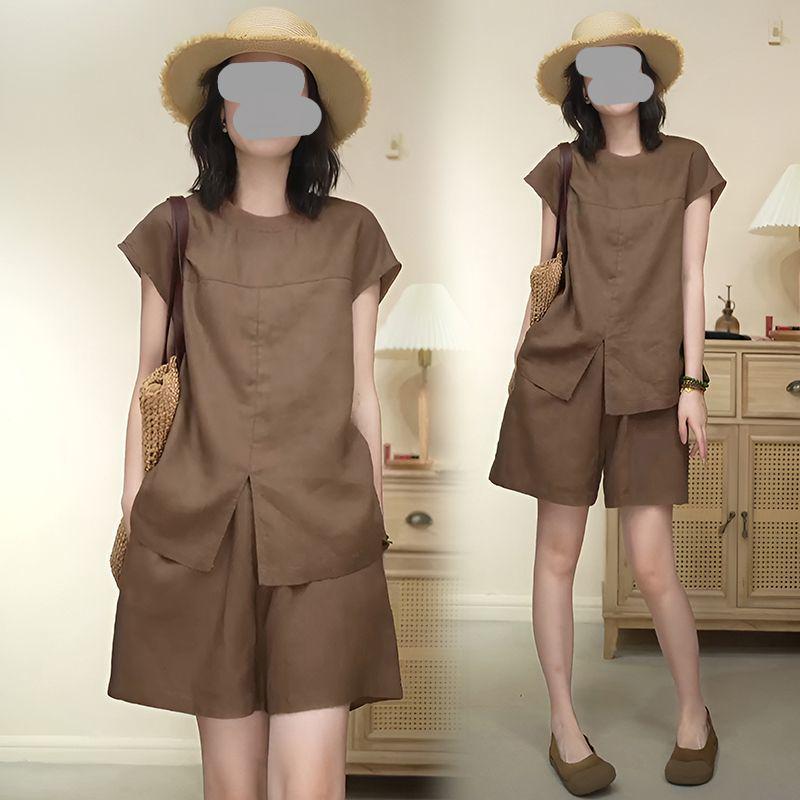 2026 Forest-Inspired Linen Casual Set: Stylish Athflow Top & Shorts Double Extra Large