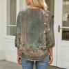 Women's Floral Print 3/4 Sleeve Round Neck Pleated T-Shirt Top Casual Loose Fit Lightweight Blouse