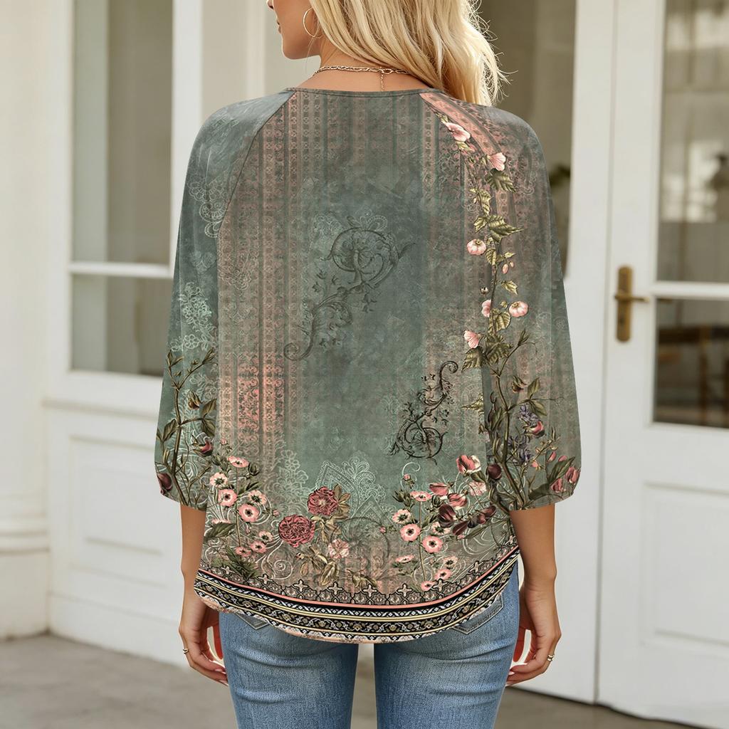 Women's Floral Print 3/4 Sleeve Round Neck Pleated T-Shirt Top Casual Loose Fit Lightweight Blouse