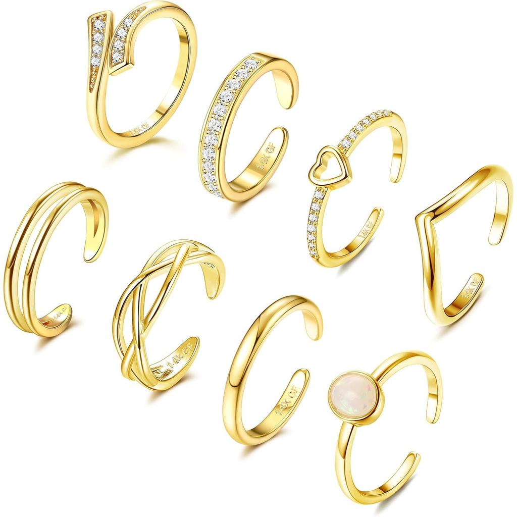 Bobisty 8 Stück 14K Gold Plated Zehenringe für Damen Anlaufgeschützt Verstellbare Zehenringe Set Offener Ring Zirkonia Zehenring Sommer Fußschmuck
