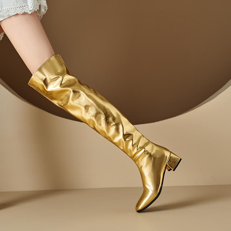 Dámské boty na nízkém podpatku podzimní a zimní nové na silném podpatku ve velkých velikostech zlaté kozačky pod koleno