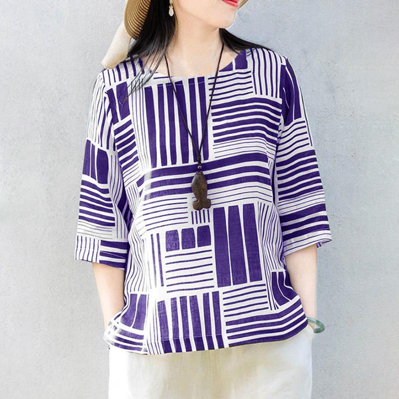 

ZANZEA Женские повседневные блузки с круглым вырезом и рукавами 3/4 контрастного цвета в полоску темно-синий