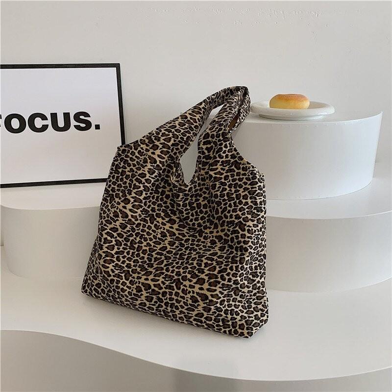 Ielgy College Students Class Commuter Large Capacity Tote Bag Lazy Style Leopard Print Canvas Shoulder Bag