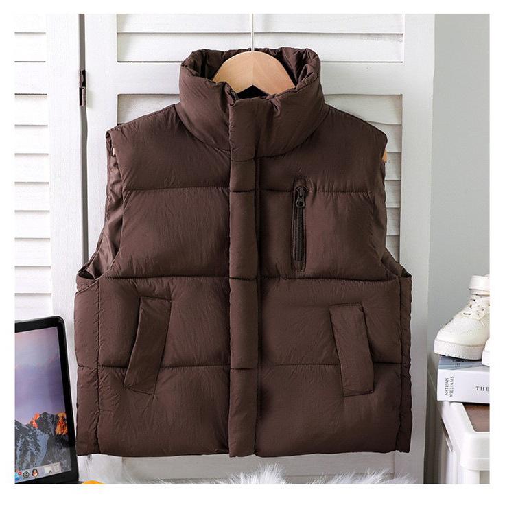 Children's Zippered Down Cotton Stand-up Collar Vests for Autumn and Winter, Solid-colored Vests for Boys and Girls