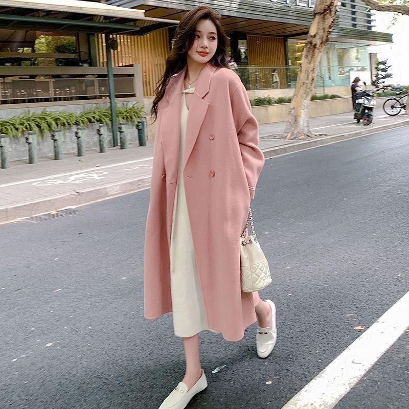 Elegant Woolen Trench Coats Winter Women Vintage Windbreakers Jackets Mid-Length Loose Turn-Down Collar  Cardigans