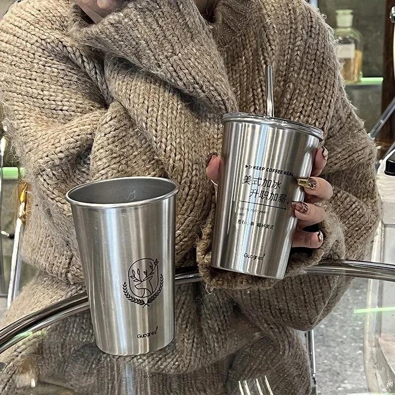 New  Stainless Steel Coffee Mug with Straw Lid Portable Coffee Cup Drinking Beer Milk Water Cup Restaurant Bar Party 500ml