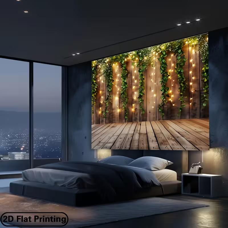 2D Boho Wooden Wall Backdrop with Leaves and String Lights Party Photo Background Banner