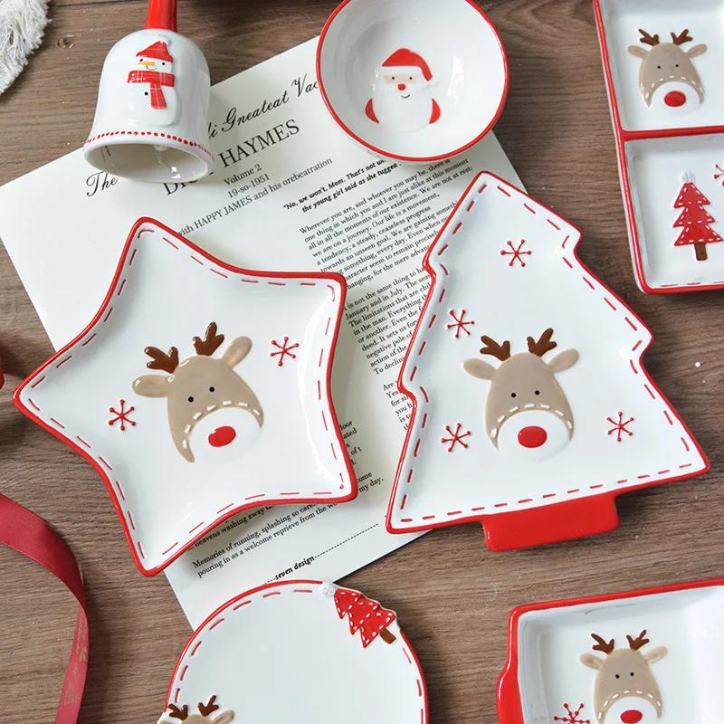 Christmas Day Style Ceramic Dinner Plate Snowman Bells Separator Plate Santa Claus Small Bowl Mug Christmas Ornaments Gifts