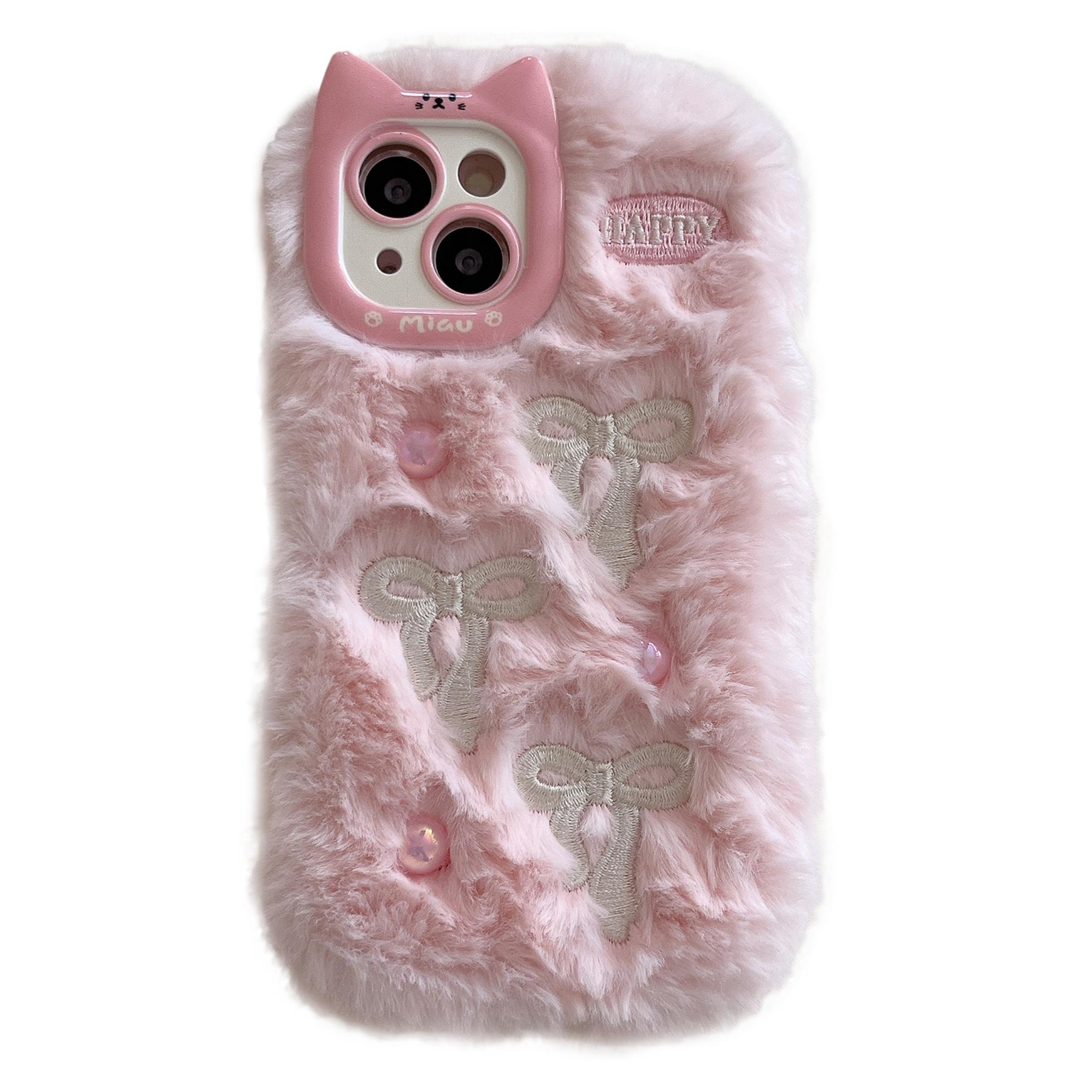 

For iPhone 15 Case 3D Bow Design Pearl Accents Fuzzy Winter TPU Phone Cover B