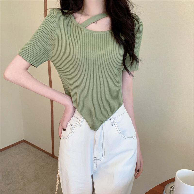 Design Sense Irregular Exposed Collarbone Versatile Chic Short Section Knit Short-sleeved Tops Casual Essential Comfort Style Slim Fit Pullovers Tees