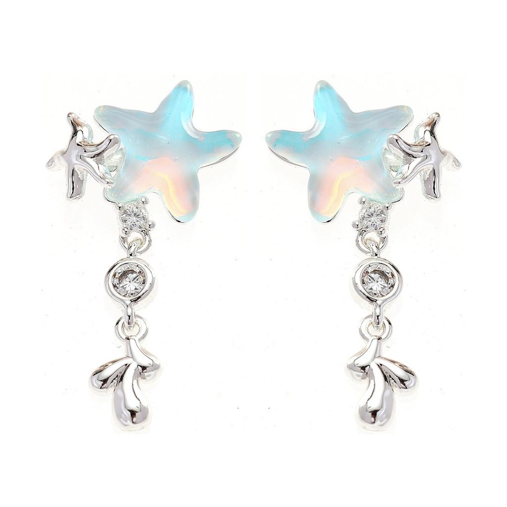 S925 Sterling Silver Blue Starfish Dangle Earrings Shiny Zircon Ocean Style Drop Earrings Sweet Fresh Women Daily BeachJewelry