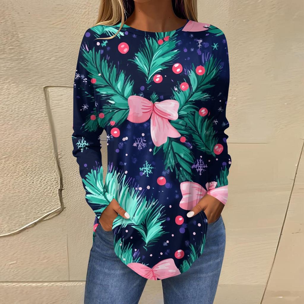 3D Gradient Color Christmas Tree Print Round Neck Long-sleeved T-shirt Casual Long-sleeved Top