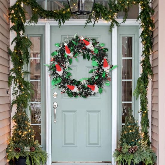 Yousheng Christmas Wreath Skull Wear Hat Figure Xmas Front Door Decor Indoor Outdoor Front Door Window Holiday Decoration