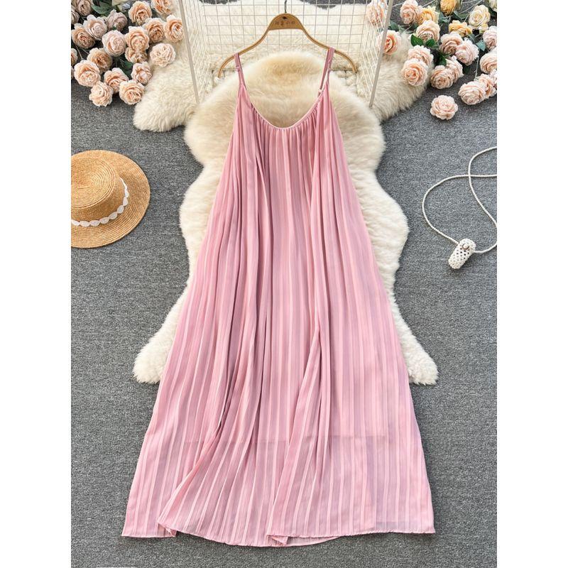 Idle Style Chiffon Pleated Long Sling Vacation Skirt