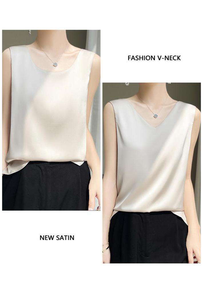 Reversible Satin Camisole for Women - V-Neck Front, Round Neck Back, Solid Color, Perfect Silk Vest to Pair with Suits