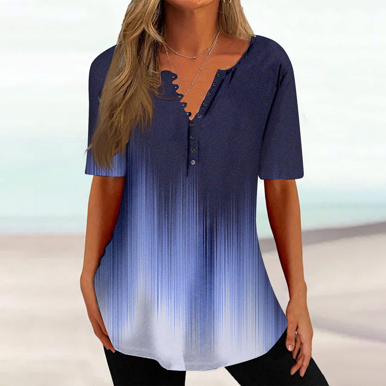 

Summer Women s T-Shirt Dressy Casual Short Sleeve Button Print Short Sleeve V Neck Pullover Top Loose Floral Print Shirt XL