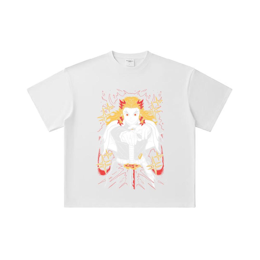 260 GSM Double Yarn 32 Count 100% Cotton Demon Slayer V43 Rengoku Print Unisex Heavy Cotton T Shirt