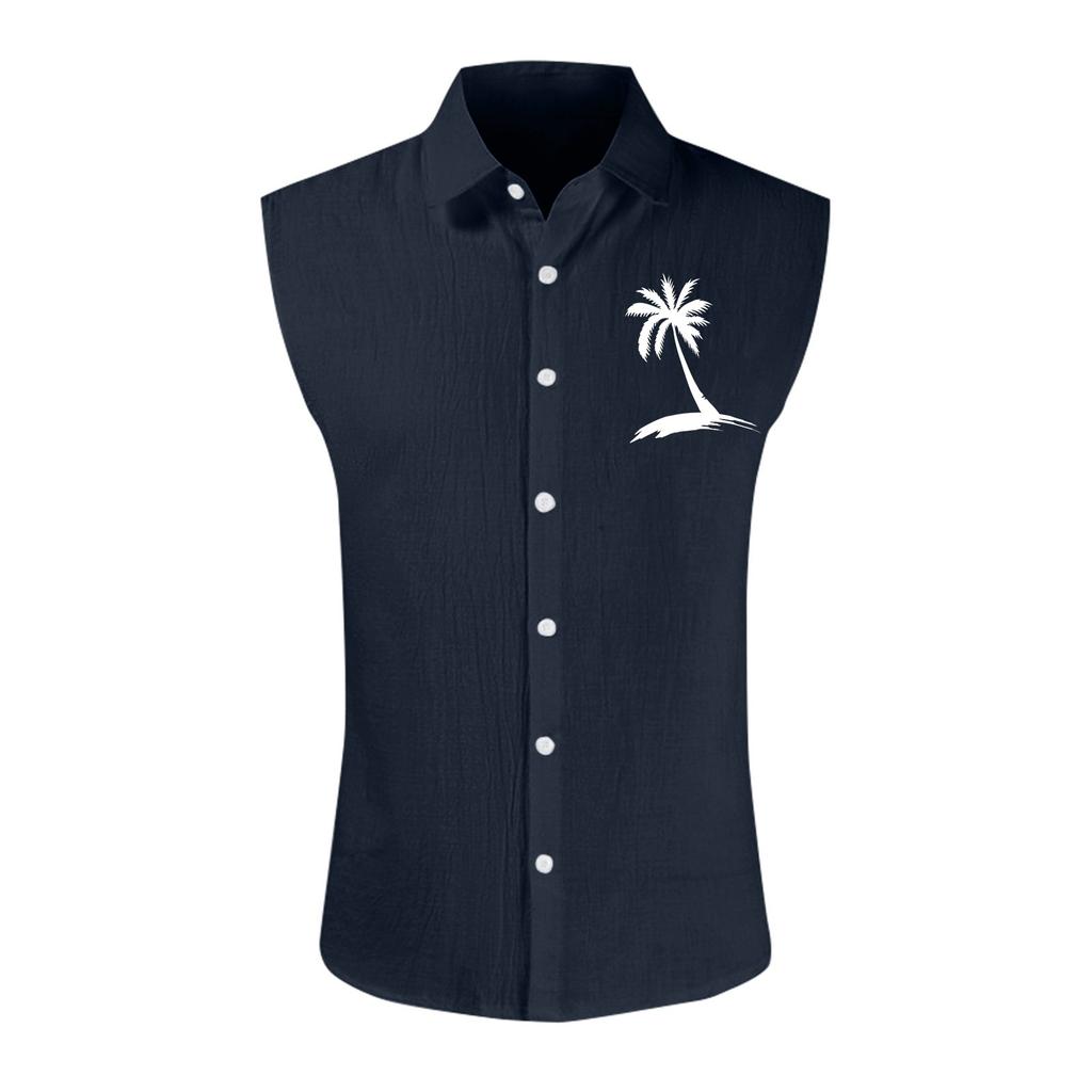Camisa sin mangas de verano para hombre con estampado hawaiano Camisa de botones sin mangas de solapa suelta para hombre