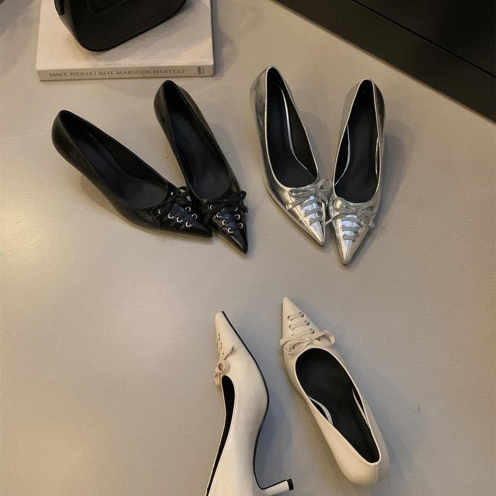 Spice girl style strap bow design pointed high heels spring new thin heels shallow mouth sexy single shoes women's shoes