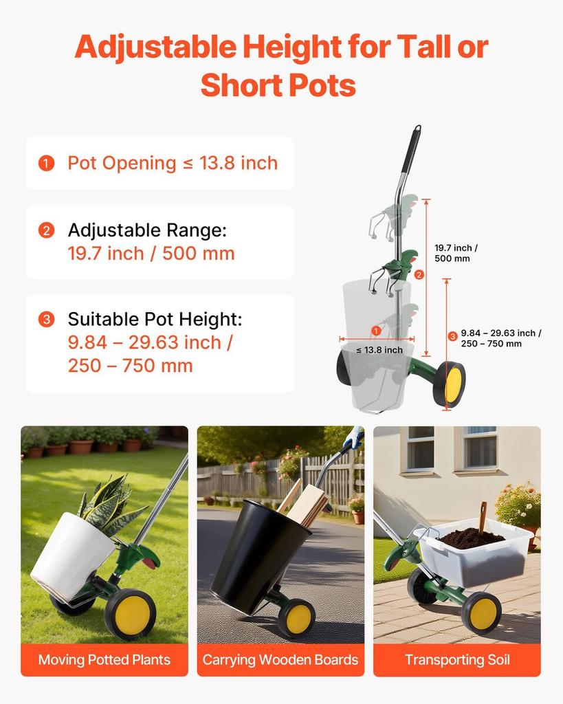 Gartentopf-Mover, Robuster Pflanzen-Dolly-Wagen mit verstellbarem Greifarm, Maximale Tragfähigkeit 65 kg, Topfpflanzen-Mover-Dolly mit Saugnapf und