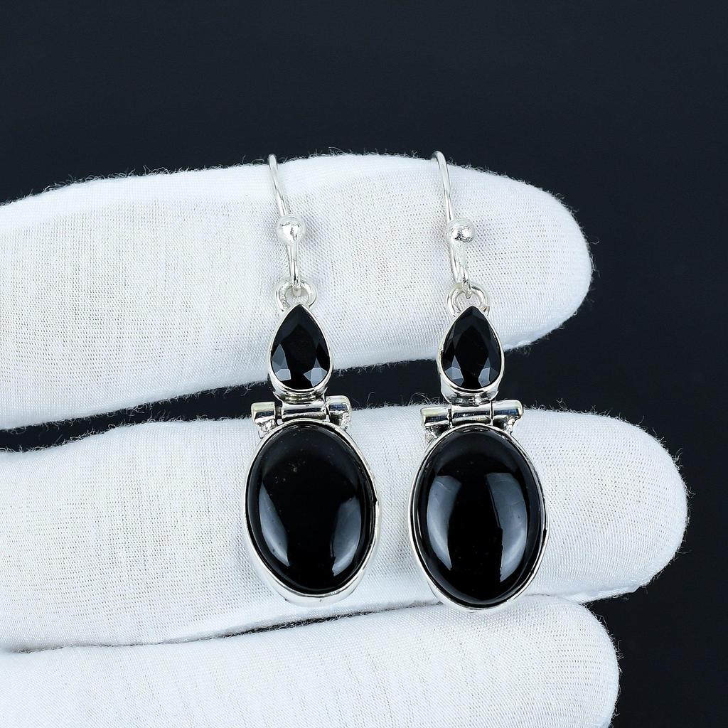 Black Onyx & Black Spinel Gemstone Earrings, 925 Sterling Silver Earrings, Silver Earrings For Gift, Dangle Drop Earrings For Birthday Gifts