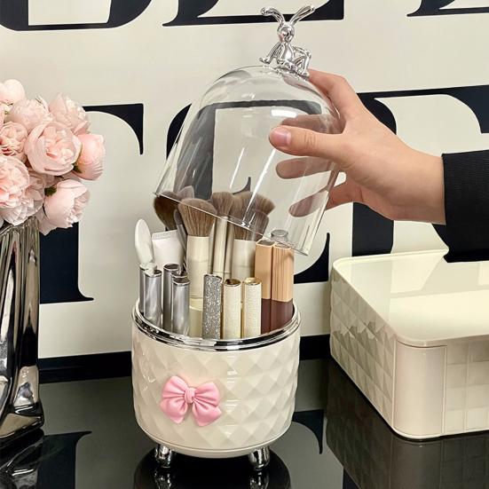 Makeup Brush Storage Box with Rotating Grid Design Large Capacity Cosmetic Storage Bin