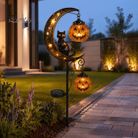 Waterproof Solar Stakes for Flower Beds Halloween Garden Stake Light, Black Cat Pumpkin on Crescent Moon with Weather Resistant Fall Ornaments Hanging