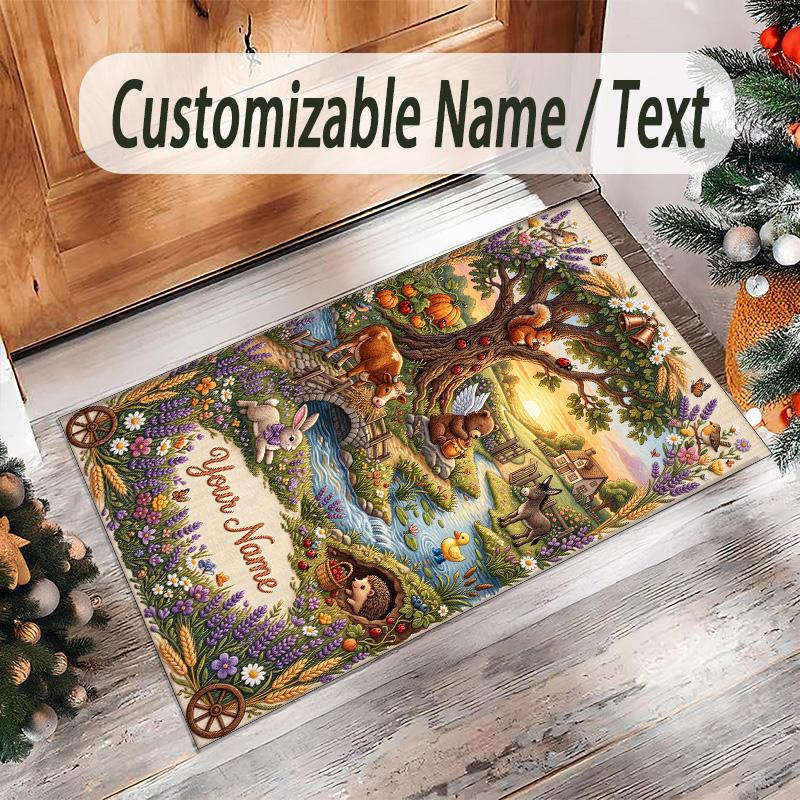 Forest Theme Crystal Velvet Floor Rug Personalized Custom Name Text Warm Carpet Home Decoration