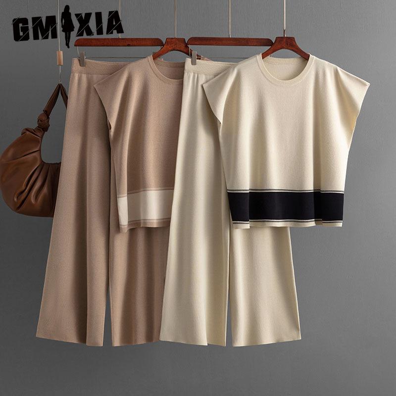 

GMXIA Women s Plate-size Set, A Loose and Slimming Women s Knitted Sweater, High-waisted and Wide-leg Trousers, A Fashionable Two-piece Set One Size темно-коричневого кольору