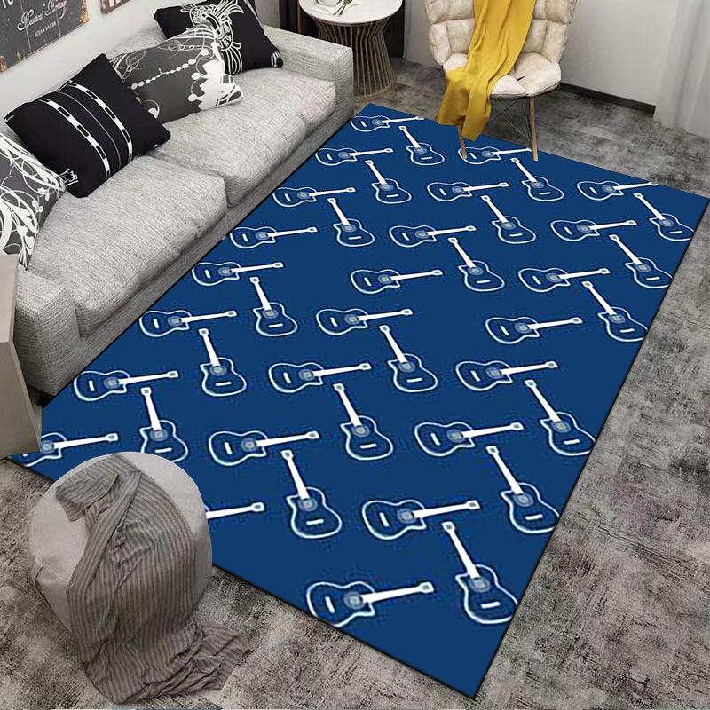 Blue Carpet with White Guitar Pattern, Music Theme Home Decor Rug Suitable for use as an anti-slip for living room bedroom sofas