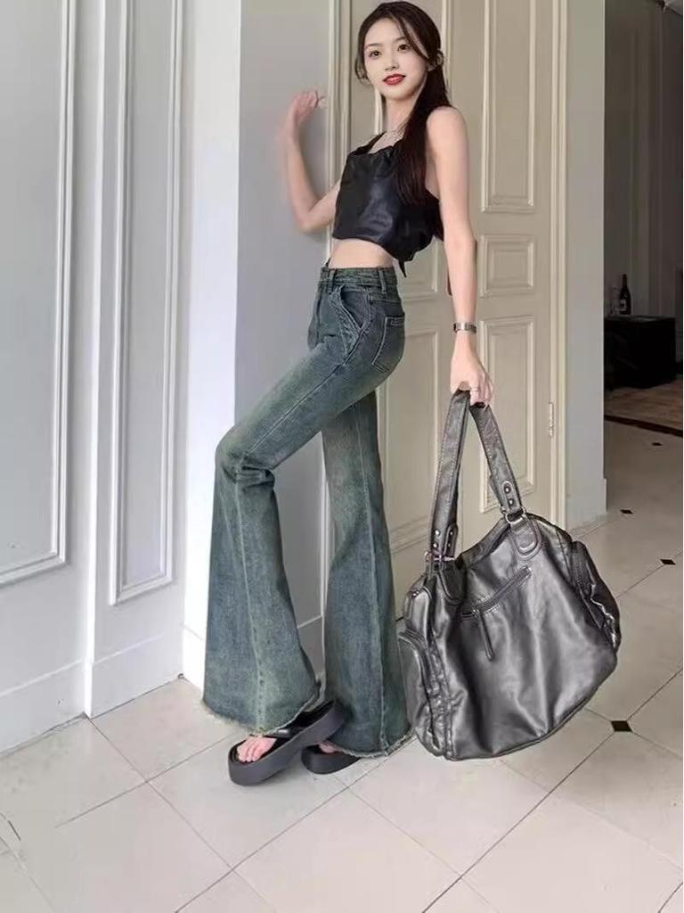 Distressed Vintage Low-Rise Micro-Flare Women's Jeans, Summer American Style, Raw Hem, Slimming Fit