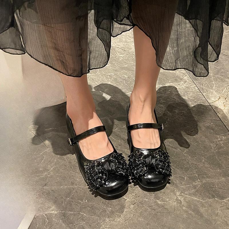 Inside Heightened Low Heel Single Shoes Women's Round Toe Shallow Slip Rhinestone Bow One Strap Soft Sole Low Top Shoes