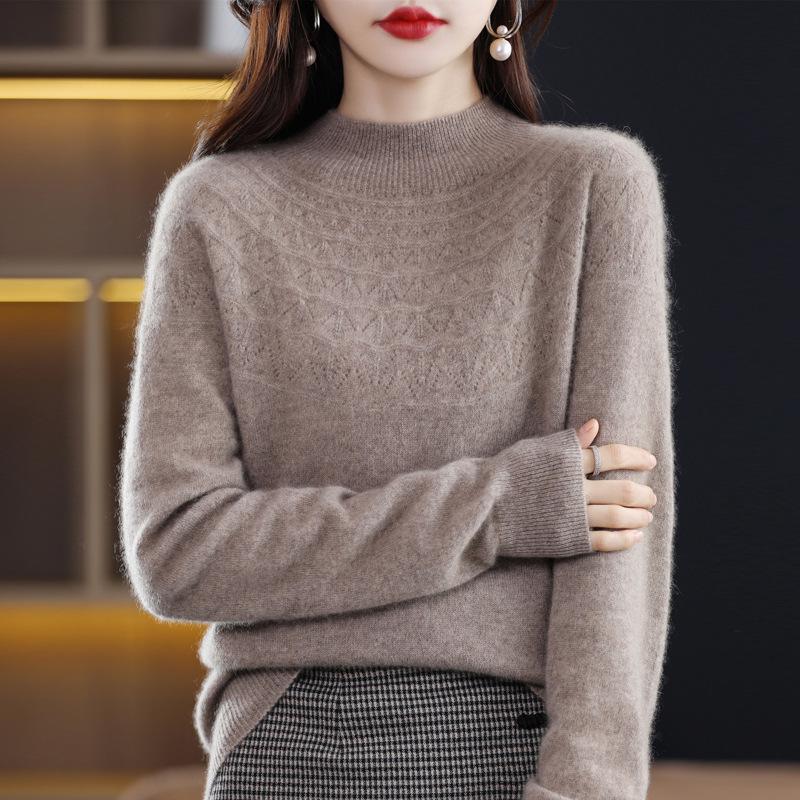 Women's 100% Wool Slimming Cashmere Knit Sweater - Half High Neck, Seamless, Hollow Out Design for Autumn/Winter