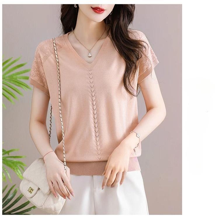 Women's Knitted T-shirt V-neck Summer New Short Loose Base Shirt Thin Ice Silk Knitted Top