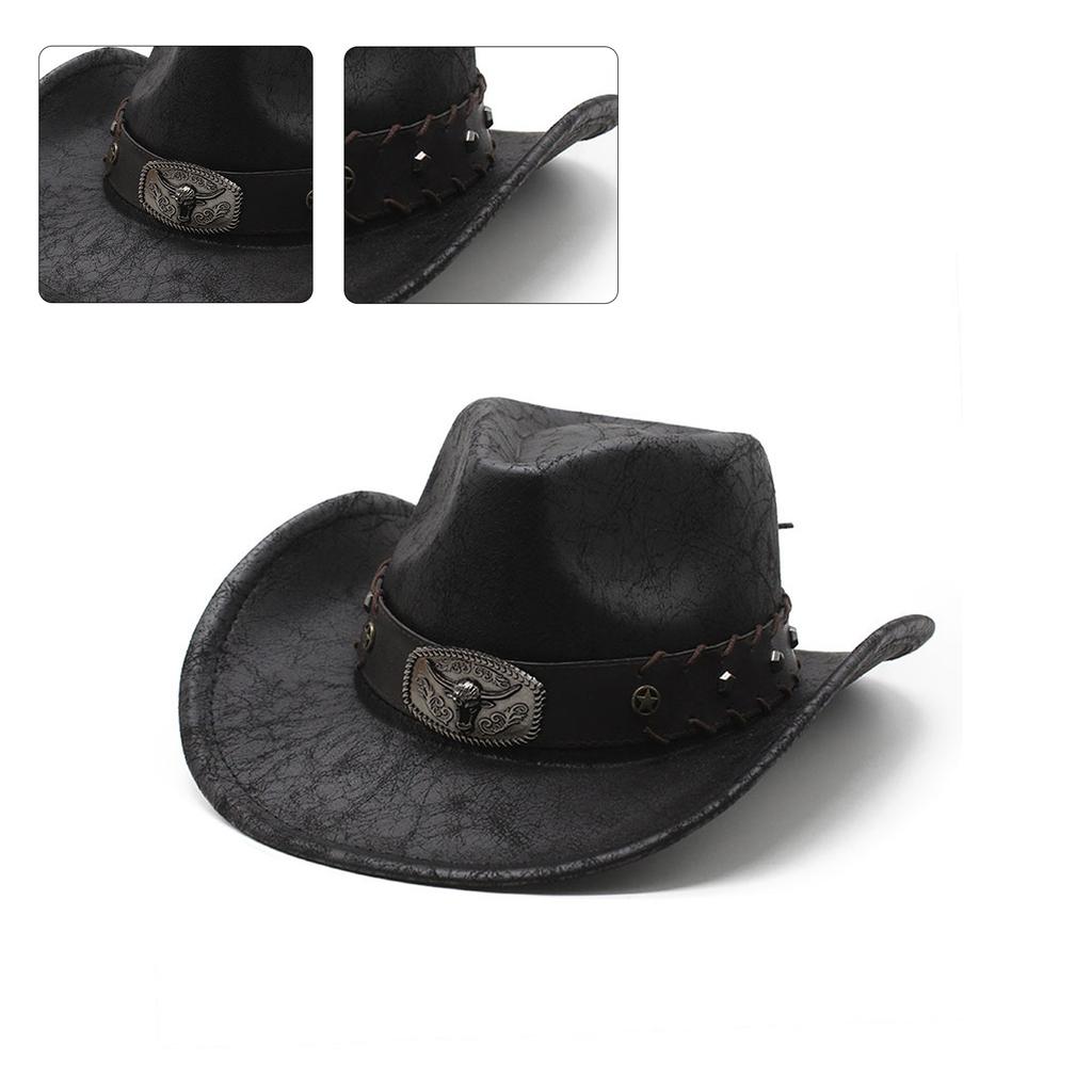 Rolled Brim Cowboy Hat for Woman Men Wear Resistant Cowboy Hat with Hat Band Western Style Large Brim Windproof Hat